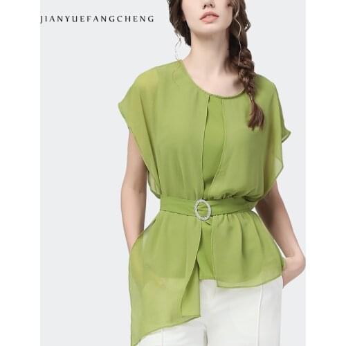 Light Green Chiffon Summer Blouses Women Short Sleeve Tops With Non-removable Belt Design O-Neck Loose Casual Ladies Blouses