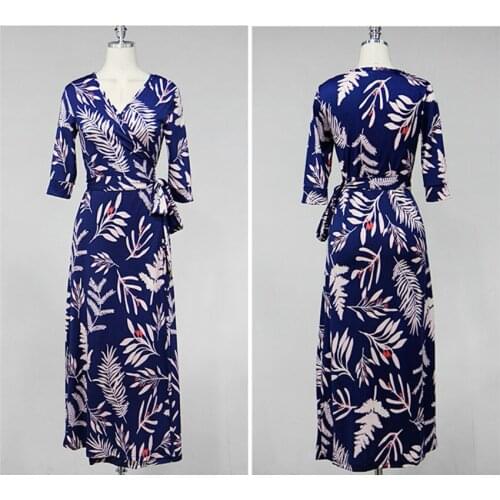 WTIANYUW 2021 Summer New Print Vintage Women Dress Sexy Women Boho Longuette Slim Navy Blue Beach Laddy Dress