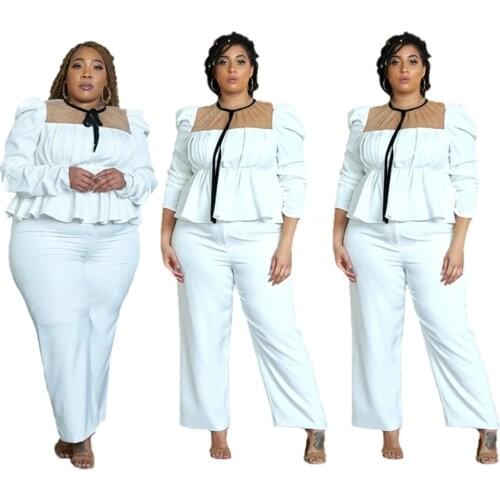 Plus Size XL, 2XL, 3XL 4XL5XL Large Women Style Splicing Mesh Top Pure White Large Size TwoPiece wholesale Suit Blazer Fold Set