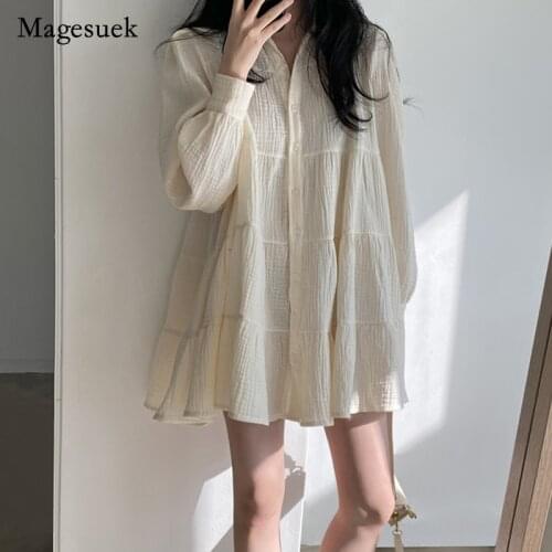 Korea Spring Autumn Women Midi Dress Folds Button Puff Sleeve Dress Sweet Elegant Doll Loose Shirt Dress Vestido Robe 15719