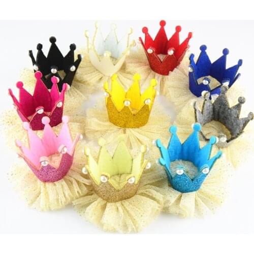 120pcs/lot Mini Felt Crown with Cream Glitter Mesh Girls Hair Accessories Princess Tiara for Birthday Party GC03