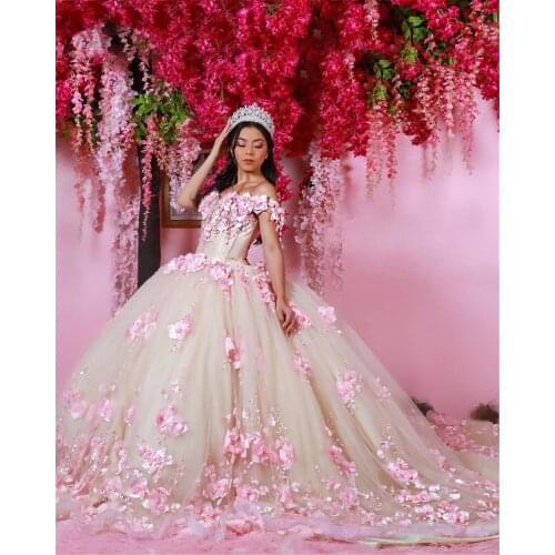 2021 Pink Ball Gown Princess Quinceanera Dress with Appliques Beaded Flowers Party Sweet 16 Gown Vestidos De 15 Años XV