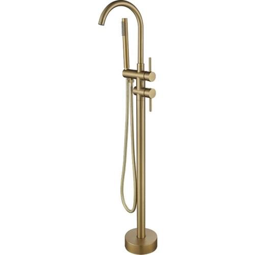 Free ship Bathroom Brushed gold Floor Mount Free Standing Bathtub Faucet Shower System