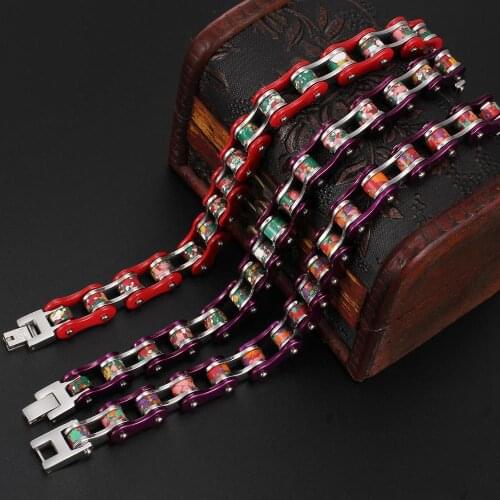 Fitness Stainless Steel Colorful Marble Pattern Bicycle Chain Biker Mens Boys Bracelet Bangle 8.85"(22.5cm) ,10mm Friend Gift