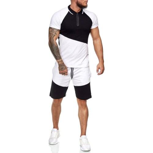 Summer Men Sport Clothes Set Patchwork Short Sleeve Lapel T-shirt and Elastic Waist Shorts Male Fitness Running Set Sportwear