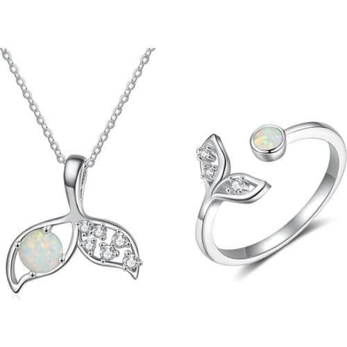 Authentic 925 Sterling Silver Fish Tail Mermaid Open Rings Opal Necklaces Jewelry Sets for Women Lovely Silver 925 Opal Jewelry