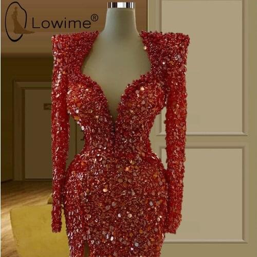 Red Sparkly Sequins Mermaid Evening Dresses 2021 Muslim Long Sleeve Evening Gowns Custom Made Middle East Formal Women Dresses