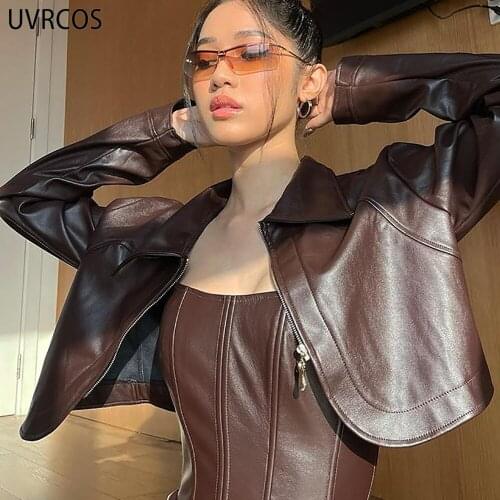 UVRCOS Bomber Jacket 2021 Fashion Autumn Winter Coat PU Leather Turn-down Collar Zipper Long Sleeve Hot Streetwear Woman Jacket