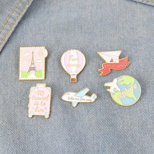 Sweet And Cute Pink Airplane Hot Air Balloon Suitcase Commemorative Stamp Shape Metal Enamel Brooch Pin Girl Backpack Badge Gift