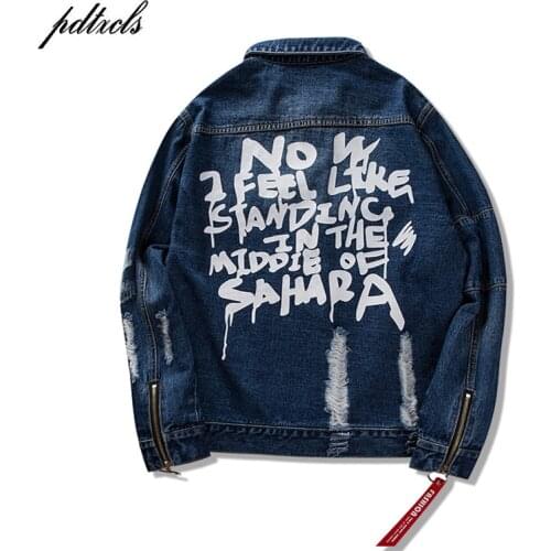 49New Ribbon Ripped Denim Jackets 2018 Mens Vinage Distressed Destroyed Jeans Jackets Hip Hop Casual Printed Hole Jackets Blue
