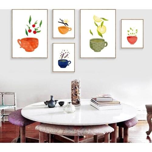 Wall Art Posters and Pictures Watercolor Tea Cup for Interior Dining Hall Kitchen Home Decoration Frameless Canvas Painting