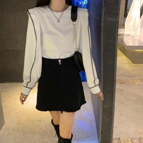 Autumn dark retro loose round neck pullover long sleeve shirt top stitch fashion blouse