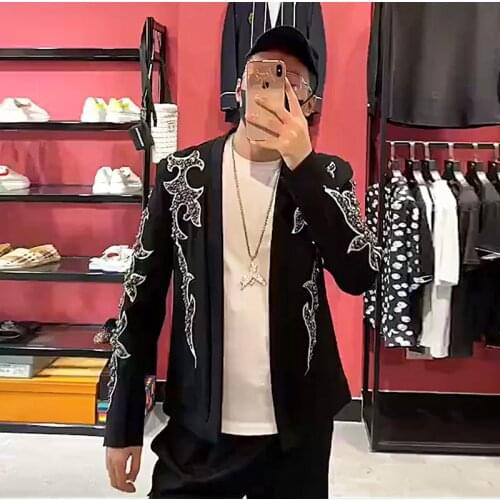 Men Desginer Embroidery Gems Beading Wedding Party Suit Jacket Runway Fashion Nightclub Singer Performance Costumes Black Coat