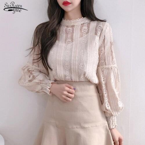 Autumn New Sweet Pink Shirts Long Sleeve Lace Blouse for Women Vintage Spliced Solid Womens Clothing Blusas Mujer De Moda 6899