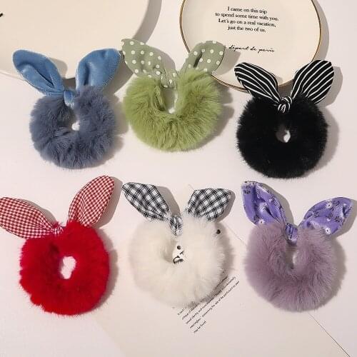 Women Girls Fluffy Faux Rabbit Fur Knot Ears Hair Ties Warm Pompom Bow Elastic Hair Band Solid Print Hair Ring Hair Accessories