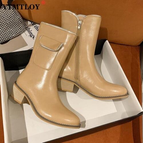 Pocket Decor Chelsea Boots Women Shoes Runway Pointed Chunky Low Heel Short Boots Designer Side Zip Winter Zipper Sexy Pu