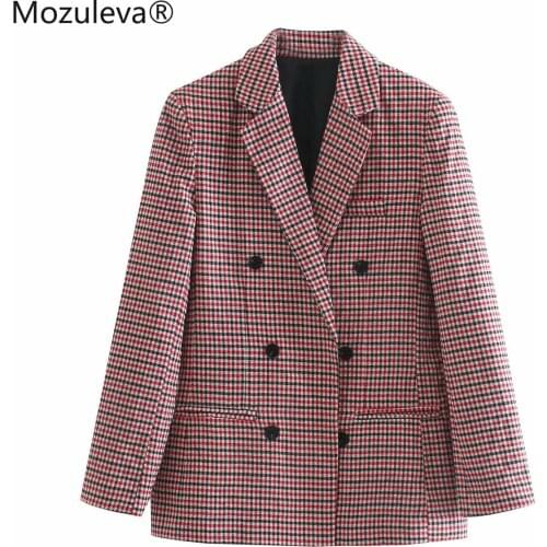 Mozuleva 2021 Office Ladies Plaid Blazer Jacket Women Casual Double-breasted Sashes Suit Jacket Female Slim Blazer Outwear