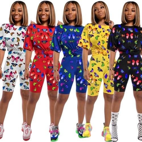 Casual Two Piece Set Women Butterfly Print Tracksuit Fashion Female Short Sleeve Top And Shorts Sets 2020 Summer Sweatsuits