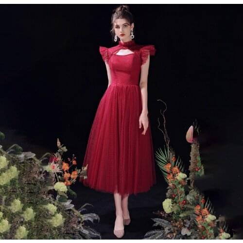 Burgundy High Neck Evening Dress Pleat Short Sleeves Backless Elegant A-Line Simple Tea-Length Woman Formal Party Gowns A1364