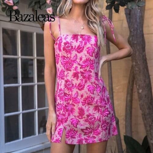 Bazaleas Sexy Spaghetti Strap dress women Vintage Rose Red Floral Print vestidos Holiday Chic Split ropa mujer dropshipping