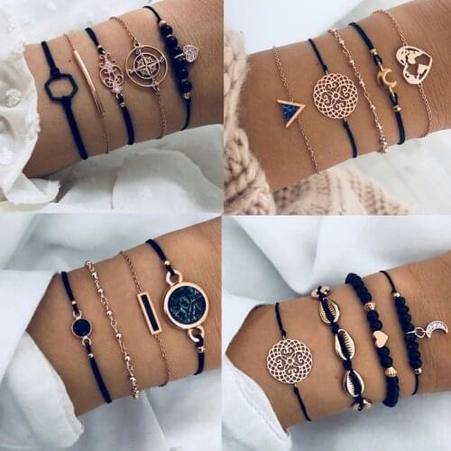 Bohemian Black Beads Chain Bracelets Bangles For Women Fashion Heart Compass Gold Color Chain Bracelets Sets Jewelry Gifts