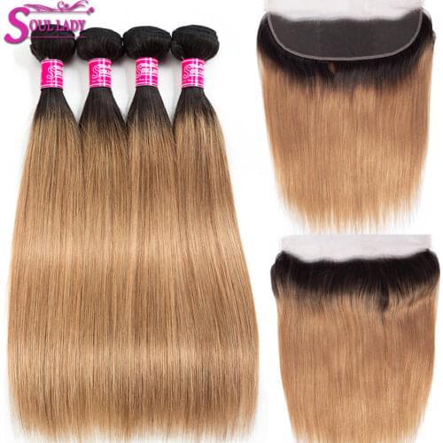 Ombre Human Hair 4 Bundles With Frontal 1B/27 Two Tone Non Remy Peruvian Hair Straight Ombre Blonde Bundles With Frontal Closure