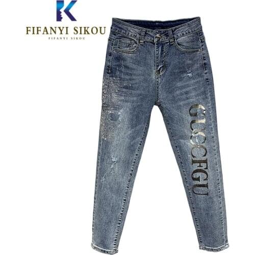 2020 Fashion Jeans for Women Rhinestone High Waist Jeans High Elastic Plus size Stretch Jeans Female Washed Denim Pencil pants
