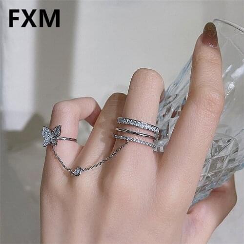 FXM Silver Chain Rings For Women Girls Adjustable Butterfly Simple AAA Zircon Finger Rings 2021 Trend Jewelry Party