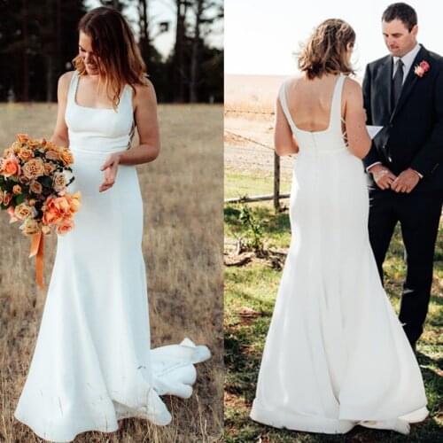 Square Neck Satin Backless Bridal Gowns Simple Cheap Elegant Pearls Custom Made A Line Rustic Criss Cross Garden Wedding Dress