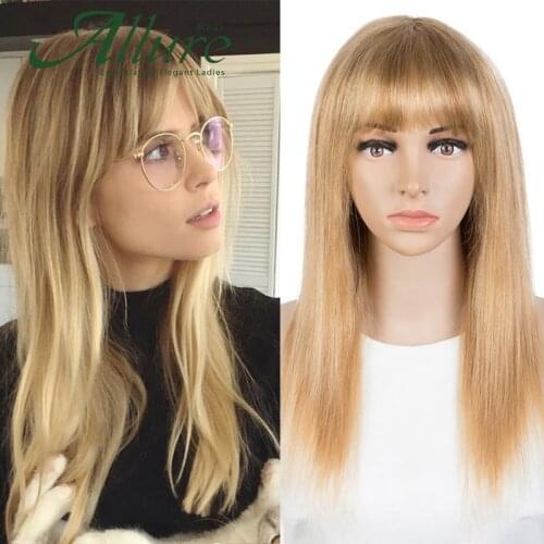 Honey Blonde 613 Highlight Long Straight Human Hair Wigs With Bangs Fringe Ombre Piano Brown Colored Hair Wig For Women Allure