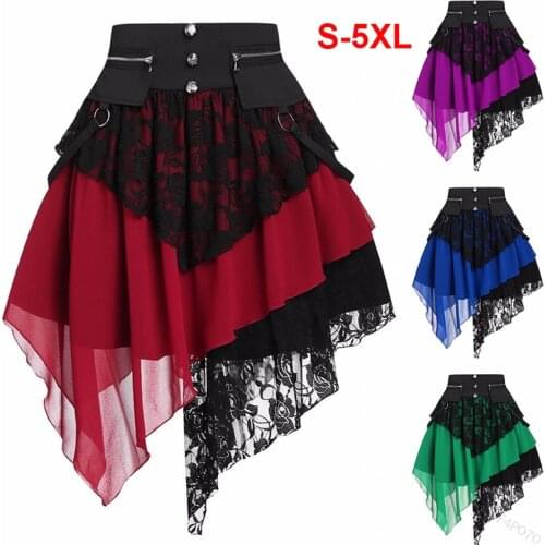 Women Vintage Gothic Punk Slim Mini Skirt High Waist Sexy Lace Stitching Asymmetrical Hem Party Short skirt For Lady Plus Size