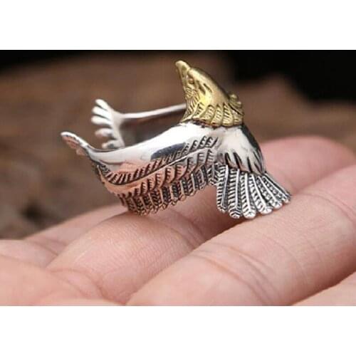 S925 Pure silver jewelry retro Thai silver domineering gold eagle head personality eagle ring mens style ring