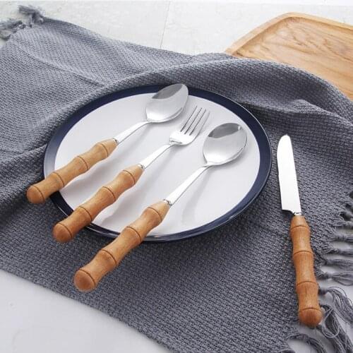 20set/lot Creative design wooden Western knife and Fork Spoon Cutlery Set Japanese style wooden handle stainless steel cutlery