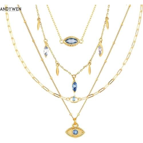 ANDYWEN 925 Sterling Silver Several Necklace Wearing Blue Eye Zircon Choker Long Chain Necklace Rock Puck Fine Jewelry Gift
