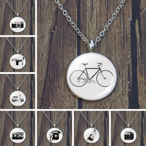 Black White Pattern Bicycle Camera Guitar Necklace Vintage Bike Phone Glass Cabochon Jewerly Pendant Necklaces Women Gifts