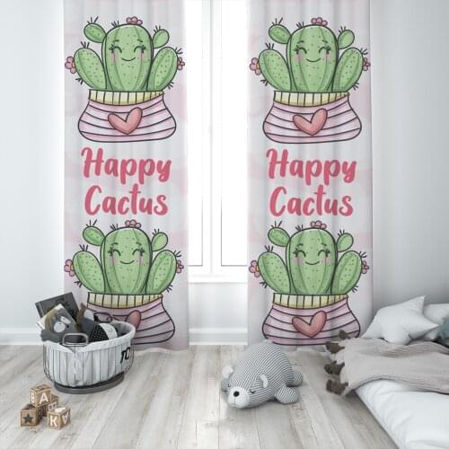 Curtains Children 3D Printed Decorative Items Home Childrens Room Happy Cactus Light Pink Model 137