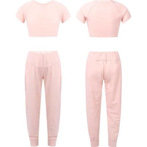 Two-Piece Tracksuits Sports Suit Kids Girls Yoga Sets Clothes Workout Running Gym Outfits Short Sleeve Sports Crop Top+Pants Set