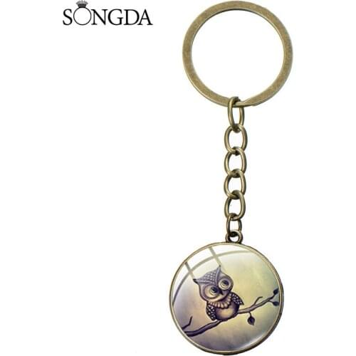 Steampunk Owl Long Chain Keychain Handmade Animal Picture Glass Cabochon Vintage Trinacria Key Ring Jewelry Gifts Accessories