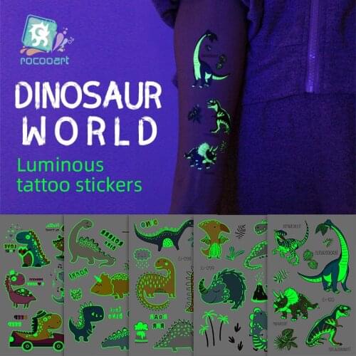 Rocooart Luminous Dinosaur Temporary Tattoo Cartoon Animal Dinosaur Cool Taty For Boy Glowing in the Dark Tattoo Sticker