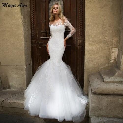 Magic Awn Modest Mermaid Wedding Dresses Boho Long Sleeve Lace Appliques Illusion Beach Mariage Gowns Sweep Train Abito Da Sposa