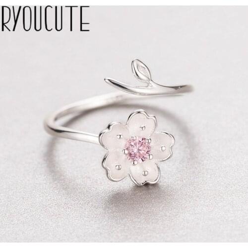 New Silver Color CZ Cheery Flower Rings for Women Adjustable Size Engagement Rings Girls Gifts Party Jewelry Anillos