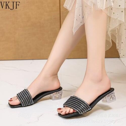 2021 Fashion Slippers Crystal for Women Summer Shoes Clear Heel Slides Zapatillas Mujer Casa Sapatos Femininos Square Toe