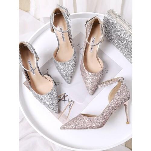 Stunning2021 Crystal Shoes New Sequins High Heels Womens Stiletto Pointed Button Lace Up Wedding Dress Bridesmaid