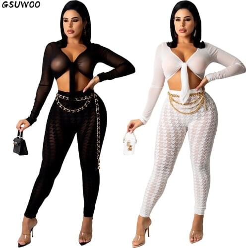 Gsuwoo Nightclub Women Sheer Mesh Clothes Pants Sets Long Sleeve Chest Lace-up Tops High Waist Leggings Black/White Outfits