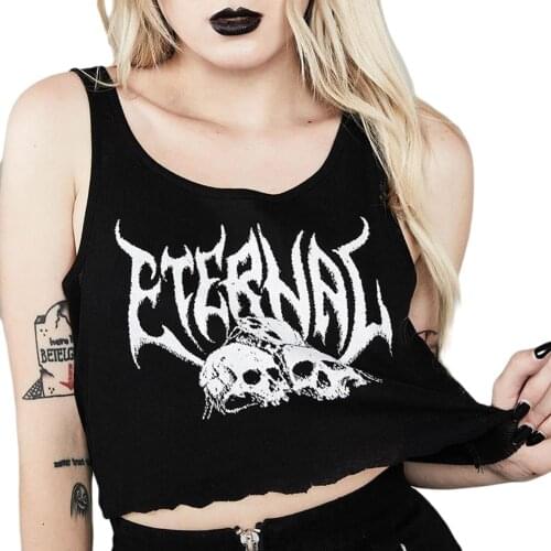 2021 Women Gothic Skull Print Tank Top Summer O-neck Sleeveless Crop Top for Ladies Street Party Club Vest Tank Top