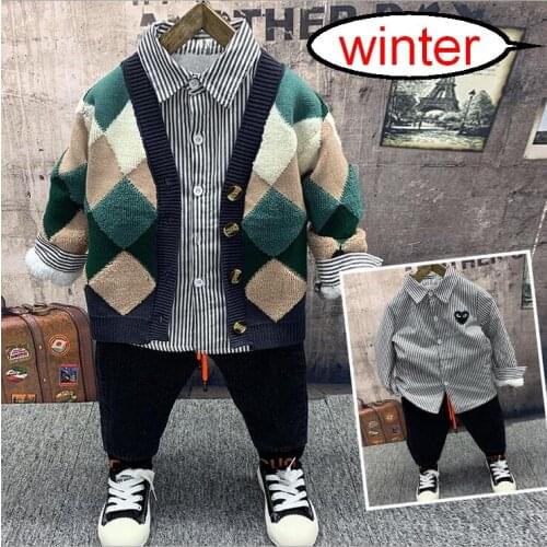Winter boys Knit Cardigan,plush shirts,plush jeans 3pcs Outfit Kids Boys Clothes Set Sport Suit For Toddler Clothing Sets 2-6yr