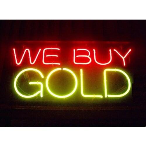 14“x7" We Buy Gold Neon Light Lamp Sign Beer Bar Handmade Real Glass Decorate Home Wall Room Windows Tube Display Artwork