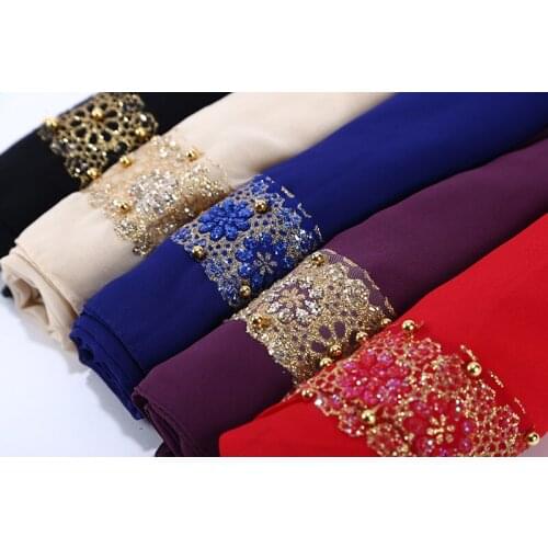 1 pc womens lace chiffon silk gold beads scarf glitter floral plain hijab muslim pearl nice 9 color scarves/shawls 180*85cm