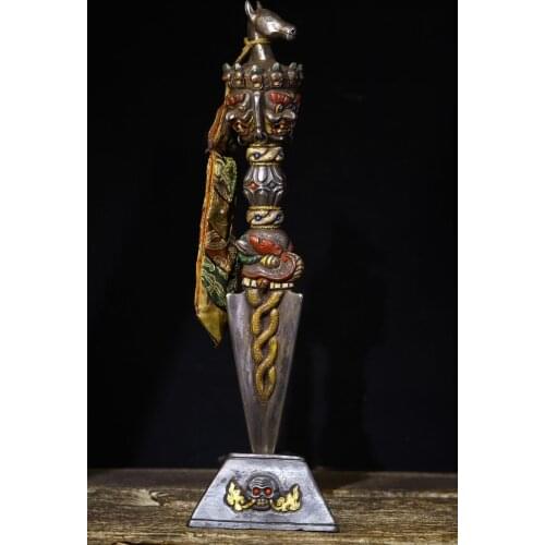 16" Tibet Buddhism Temple Tiantie Inlaid Gems Painted Horse head statue 3-sided Mahakala skull Dorje Vajra Phurba Dagger Holder