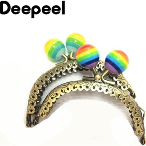 5Pcs Deepeel 8.5cm Retro Embossed Kiss Clasp Bag Handles Colored Bead Metal Sewing Brackets Purse Frame Handles for Making Bags